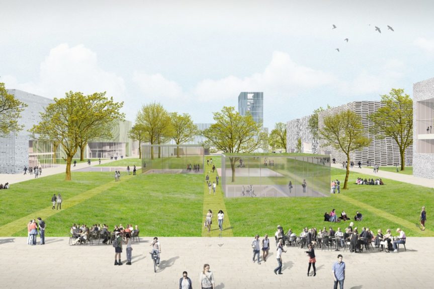 Das Bild zeigt eine Vision, wie die Parkanlage auf dem Campus der UTN einmal aussehen kann. Das Gelände ist von Gebäuden umgeben. Die Wiese in der Mitte verfügt über Wege und einige Bäume.