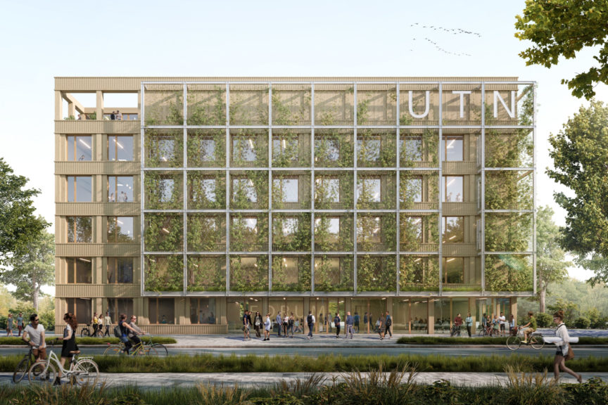 Die Planungsskizze zeigt ein Gebäude aus Holz und Glas, das mit Grünpflanzen bewachsen ist. Rechts oben ist der Schriftzug "UTN" zu erkennen.