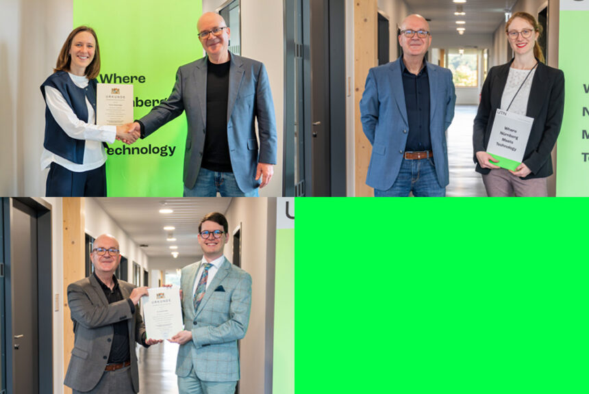 Urkundenübergabe an Prof. Dr. Simone Kager, Assistive and Rehabilitation Robotics; Prof. Dr. Claire Vernade, Foundations of Machine Learning; Prof. Dr. Vincent Fortuin, Probabilistic Machine Learning.